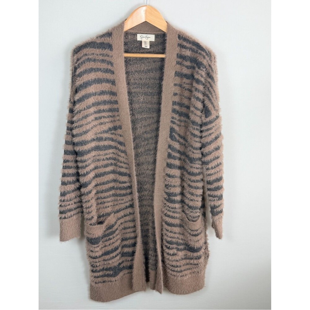 Jessica Simpson Fuzzy Zebra Stripe Cardigan 1X Eyelash Knit Long Cozy